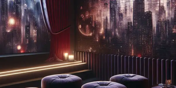 A luxurious home theater with plush seating, abstract visuals, and a romantic ambiance for late-night film viewing.