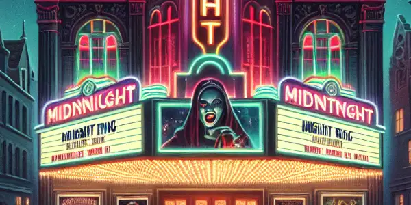 A vibrant midnight cinema scene with neon lights, a vintage marquee, and diverse moviegoers enjoying a horror film.