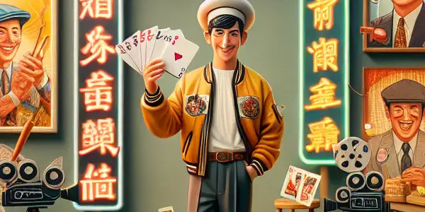 A lively 1990s Hong Kong film set featuring a comedic figure resembling Wu Ma surrounded by iconic movie props.