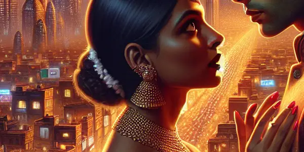 A passionate couple in a vibrant Indian cityscape at twilight, embodying love and desire amidst modern culture.