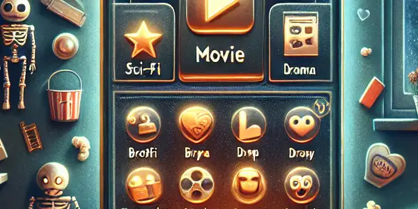 A cozy living room featuring a smartphone displaying the "Pumpkin Movie" app, surrounded by film symbols and popcorn.